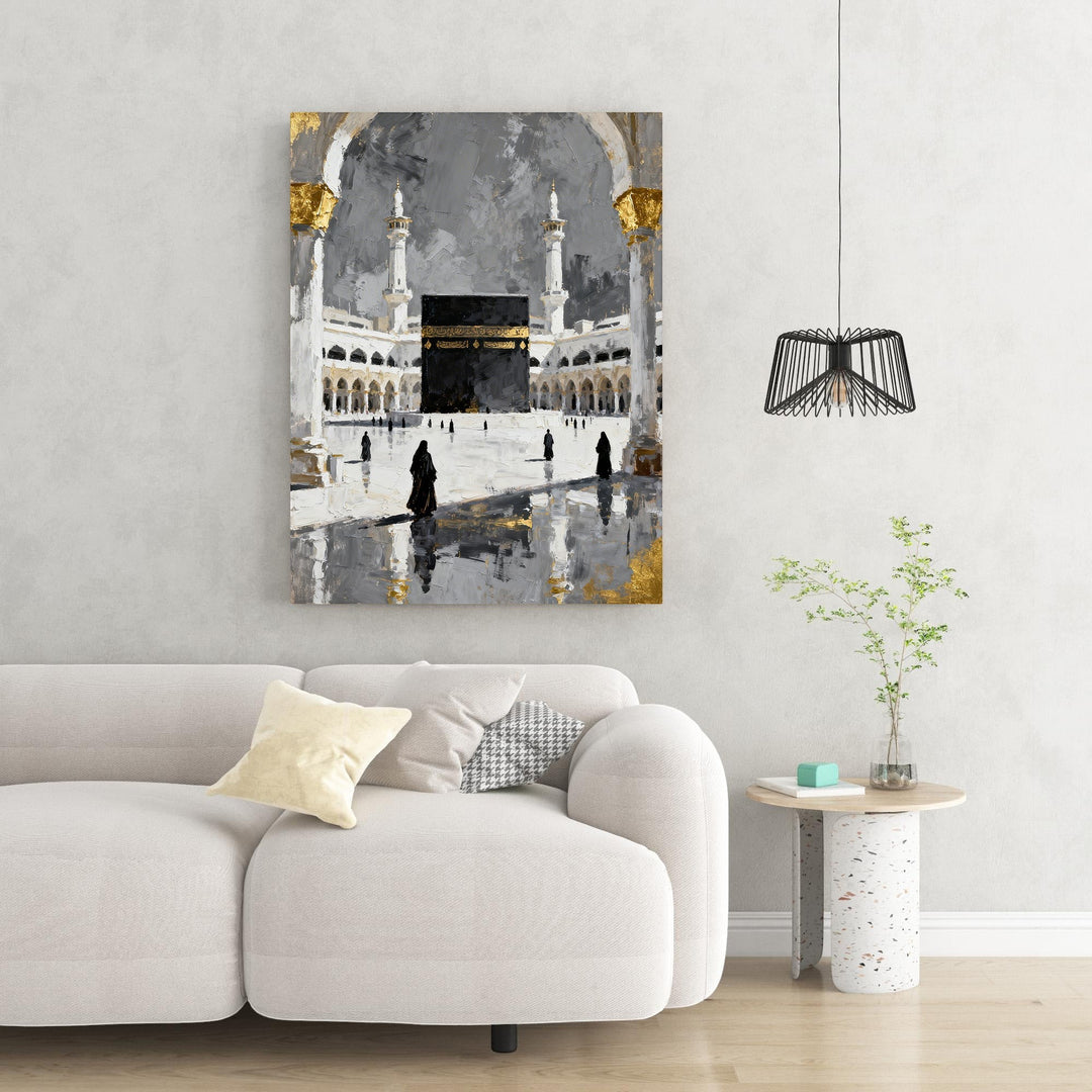 Wadi Home Islamic Kaaba painting in abstract style with gold accents, depicting Mecca's holy site.