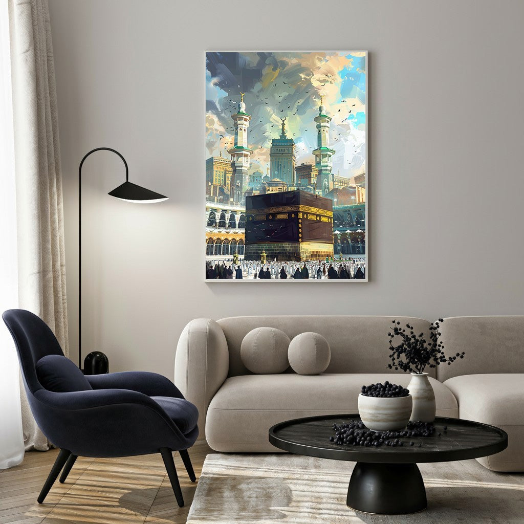Wadi Home Islamic Kaaba painting with vibrant skies and a painterly style, depicting the holy site in Mecca.
