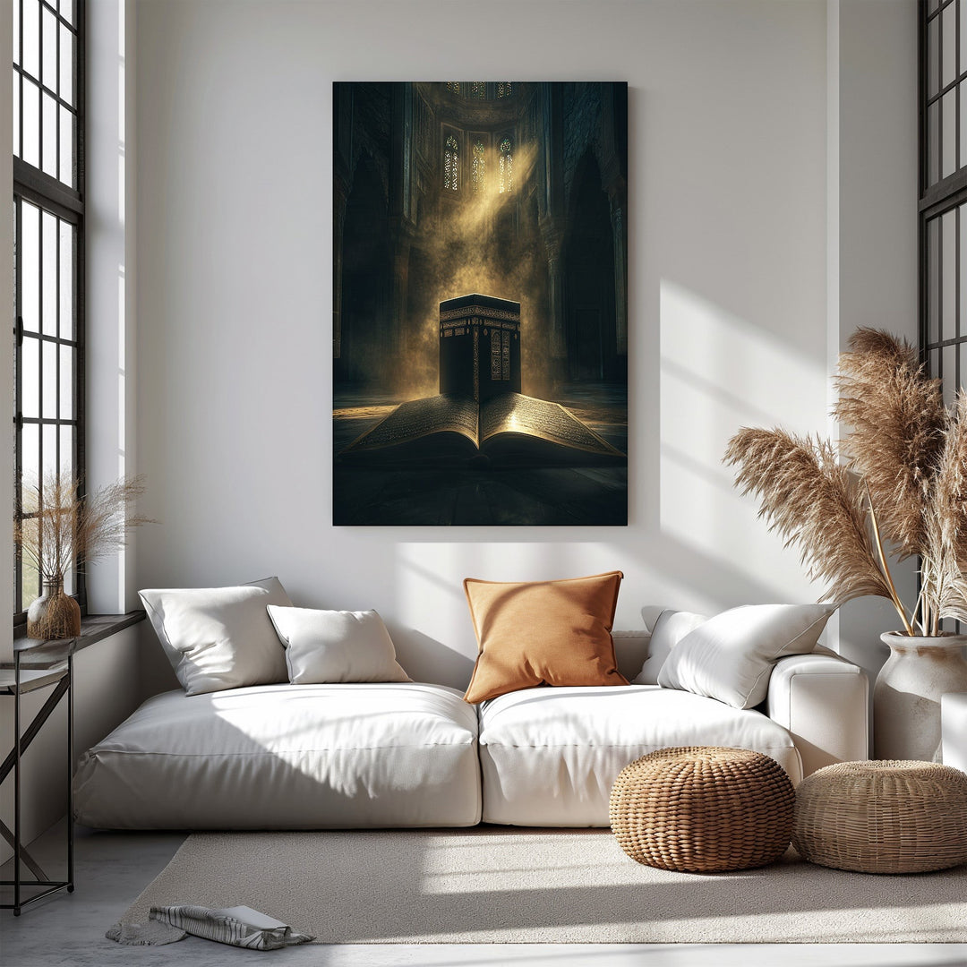 Wadi Home Islamic Kaaba and Quran wall art, a spiritual depiction of the Kaaba atop an open Quran with golden light.