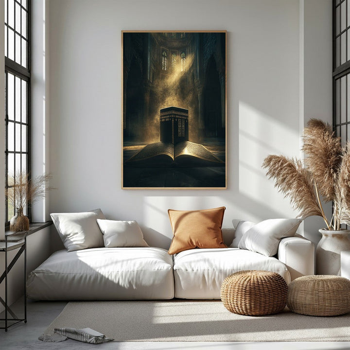 Wadi Home Islamic Kaaba and Quran wall art, a dark, atmospheric depiction of the Kaaba atop an open Quran with dramatic lighting.