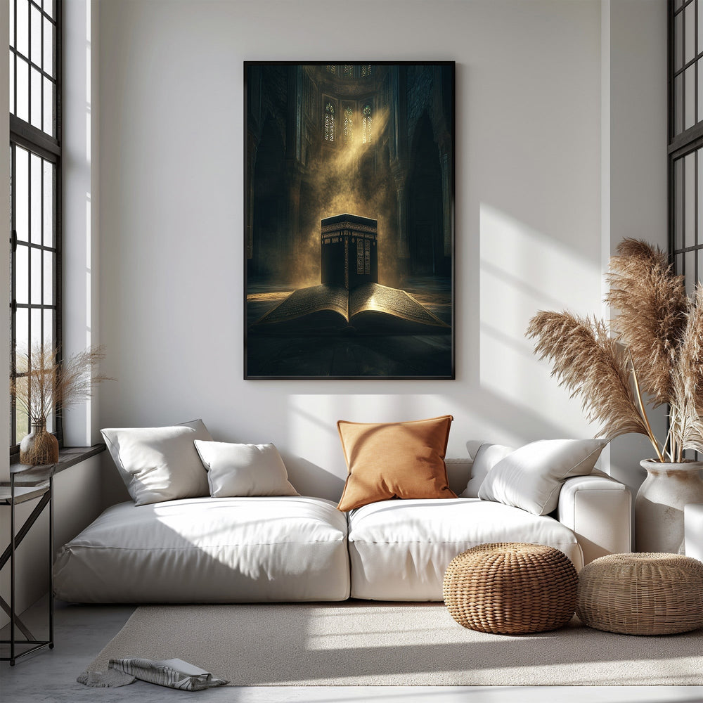 Wadi Home Islamic Kaaba and Quran wall art, a dark, atmospheric depiction of the Kaaba atop an open, illuminated Quran.