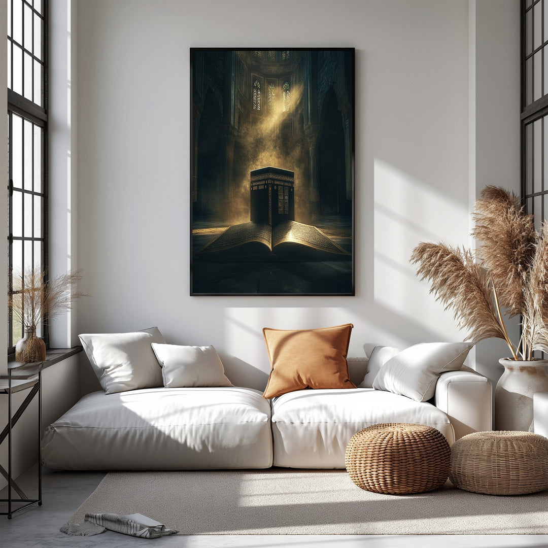 Wadi Home Islamic Kaaba and Quran wall art, a dark, atmospheric depiction of the Kaaba atop an open, illuminated Quran.