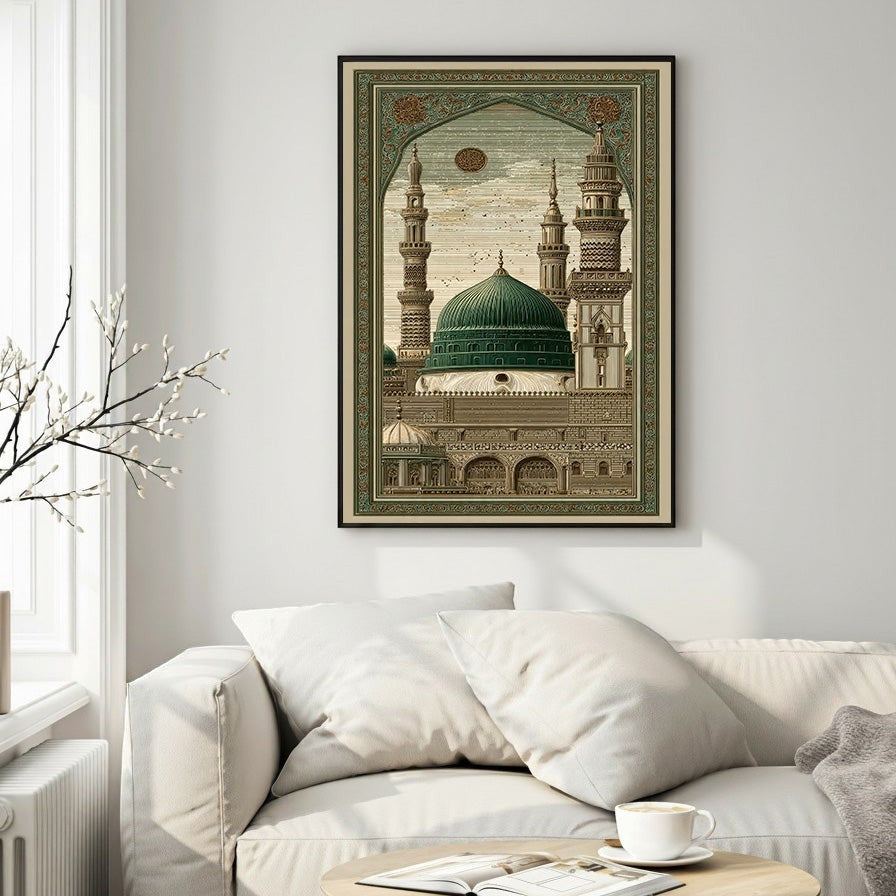Wadi Home Islamic mosque architectural print featuring a green dome and minarets. Detailed artwork for spiritual decor.
