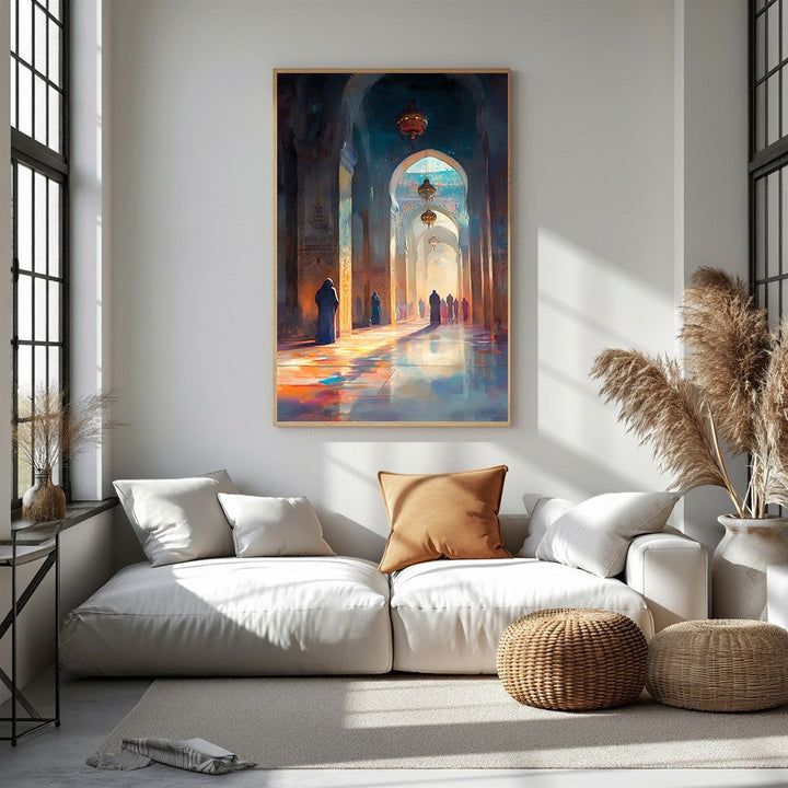 Wadi Home Islamic Mosque Archway Artwork with figures in blue robes walking down a sunlit hall with blue and orange hues.