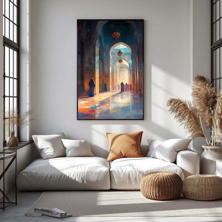 Wadi Home Islamic Mosque Archway Artwork featuring figures in traditional dress walking through a sunlit hall with blue and orange hues.
