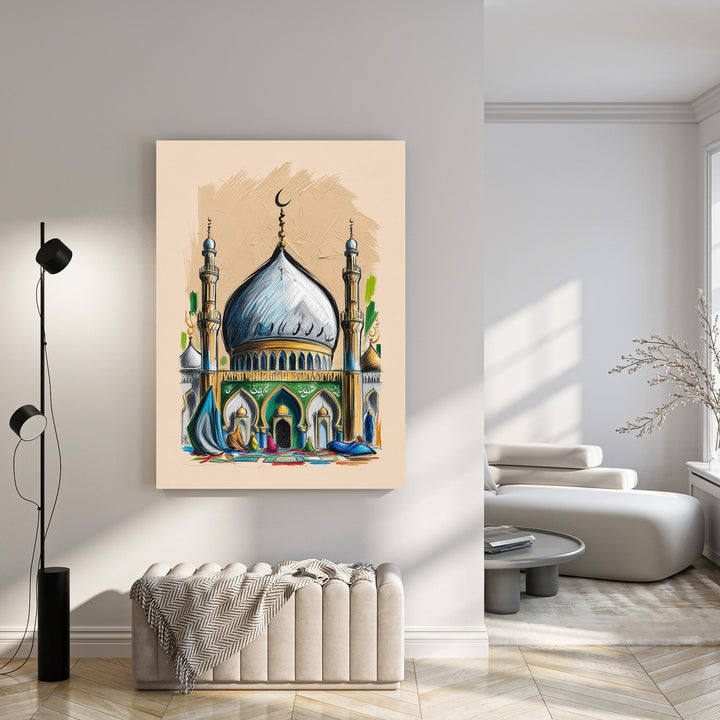 Wadi Home Islamic Mosque Artwork with vibrant colors and intricate details, featuring a blue dome and minarets. Serene spiritual art.