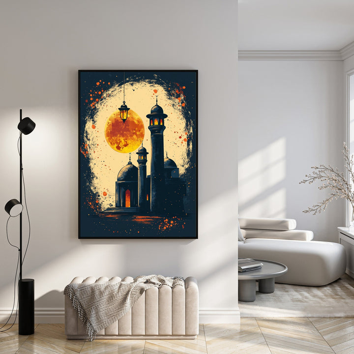 Wadi Home Islamic mosque artwork with glowing moon and lanterns, dark blue and orange tones.