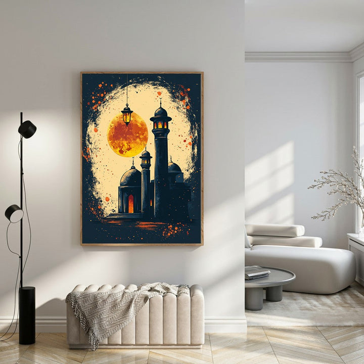 Wadi Home Islamic mosque artwork with glowing moon and lanterns, dark silhouette, warm orange and yellow tones.