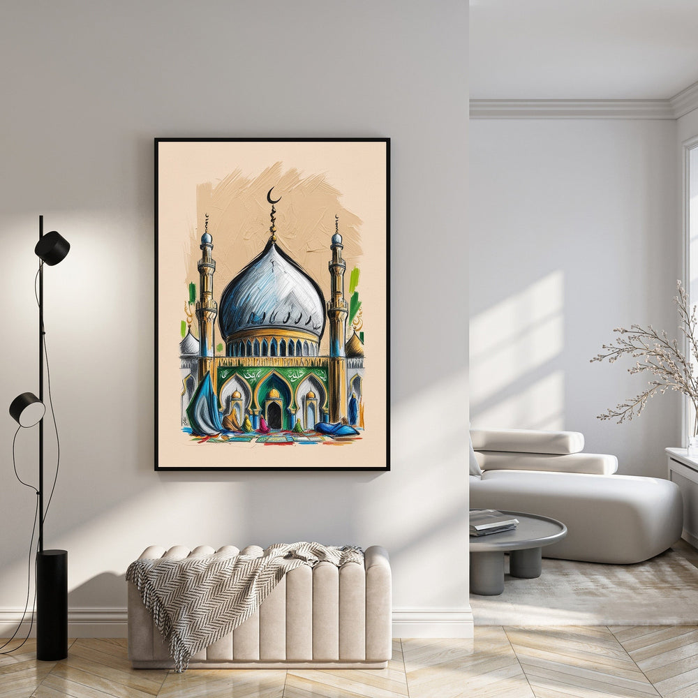 Wadi Home Islamic Mosque Artwork with blue dome, green accents, and figures praying. Vibrant, spiritual wall art.
