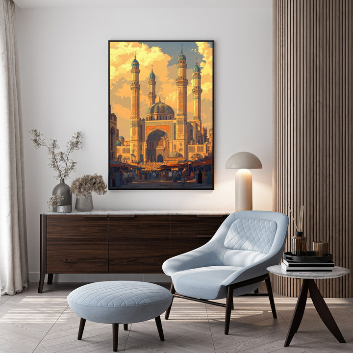 Wadi Home Islamic Mosque Canvas Wall Art featuring a grand mosque with minarets under a golden sky, detailed architecture, and a bustling marketplace scene.