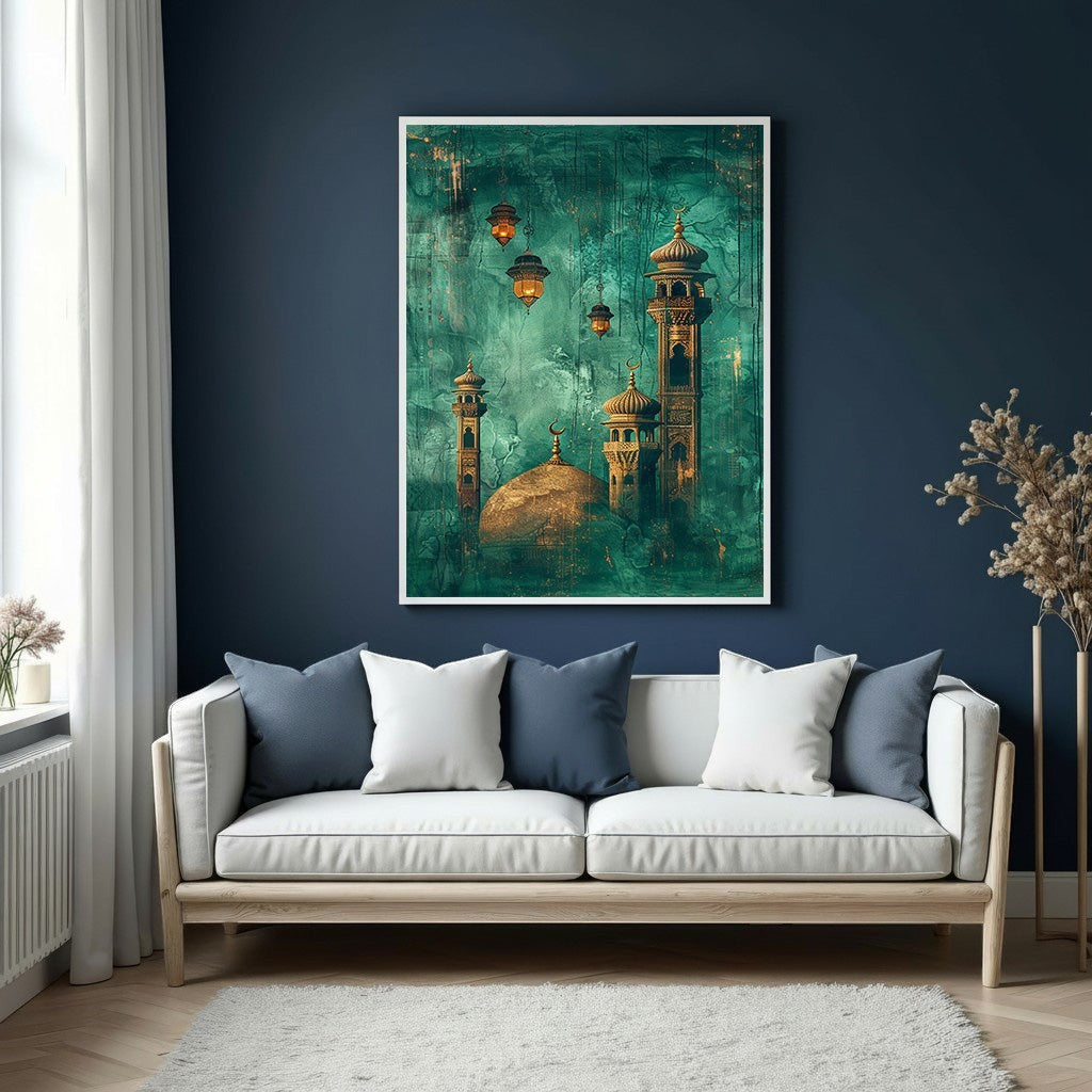 Wadi Home Islamic Mosque Canvas Wall Art with teal and gold accents, featuring intricate architectural details and hanging lanterns.