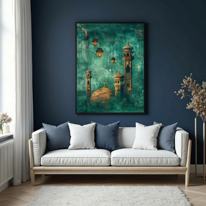 Wadi Home Islamic Mosque Canvas Wall Art with gold dome and towers on teal background, featuring hanging lanterns.