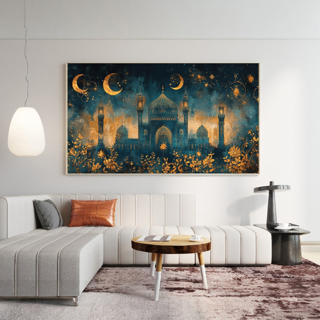 Wadi Home Islamic Mosque Celestial Art, teal and gold mosque silhouette with crescent moons and floral details.