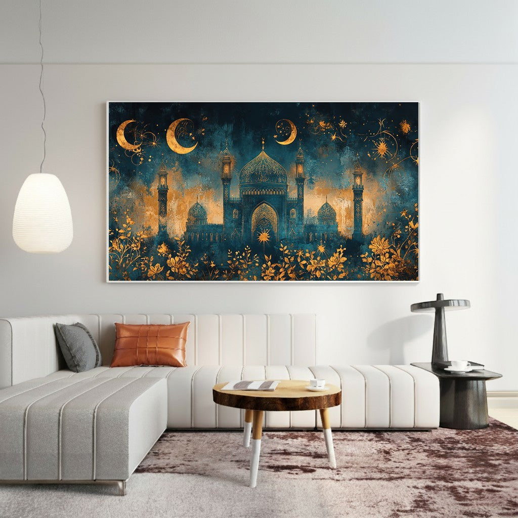 Wadi Home Islamic Mosque Celestial Art: Teal and gold mosque silhouette with crescent moons and floral details on a celestial backdrop.