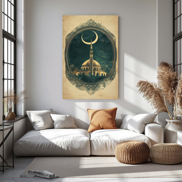 Wadi Home Islamic Mosque Crescent Moon Artwork, vintage-inspired, detailed mosque illustration with ornate border.