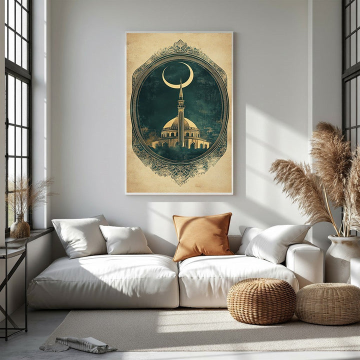 Wadi Home Islamic Mosque Crescent Moon Artwork, vintage-inspired Islamic wall art with mosque illustration and ornate border.