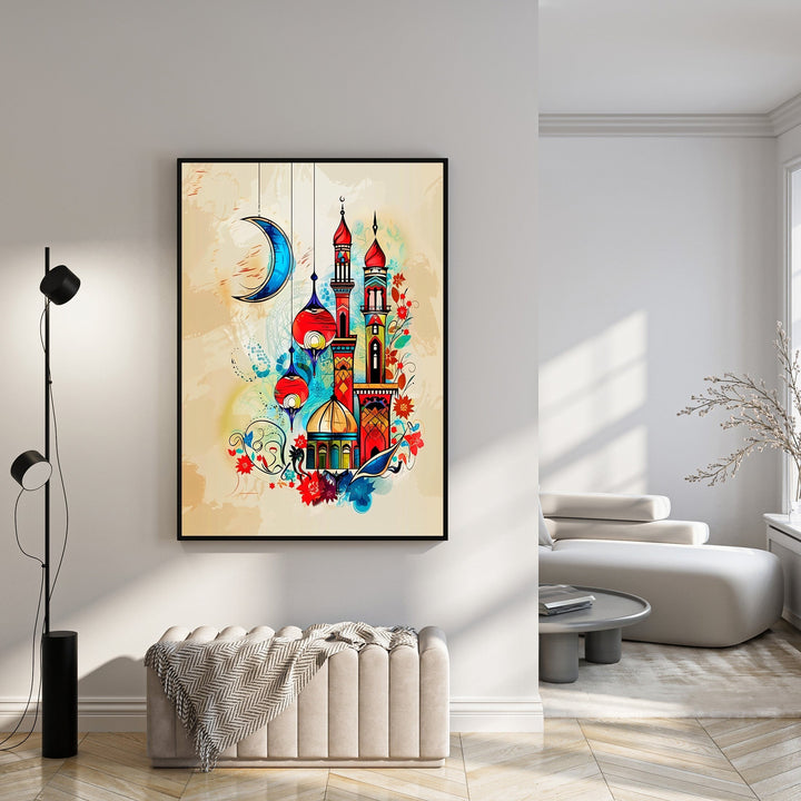 Wadi Home Islamic Mosque Crescent Moon Lanterns Wall Art, vibrant colorful depiction with mosque, minarets, domes, crescent moon, and lanterns.