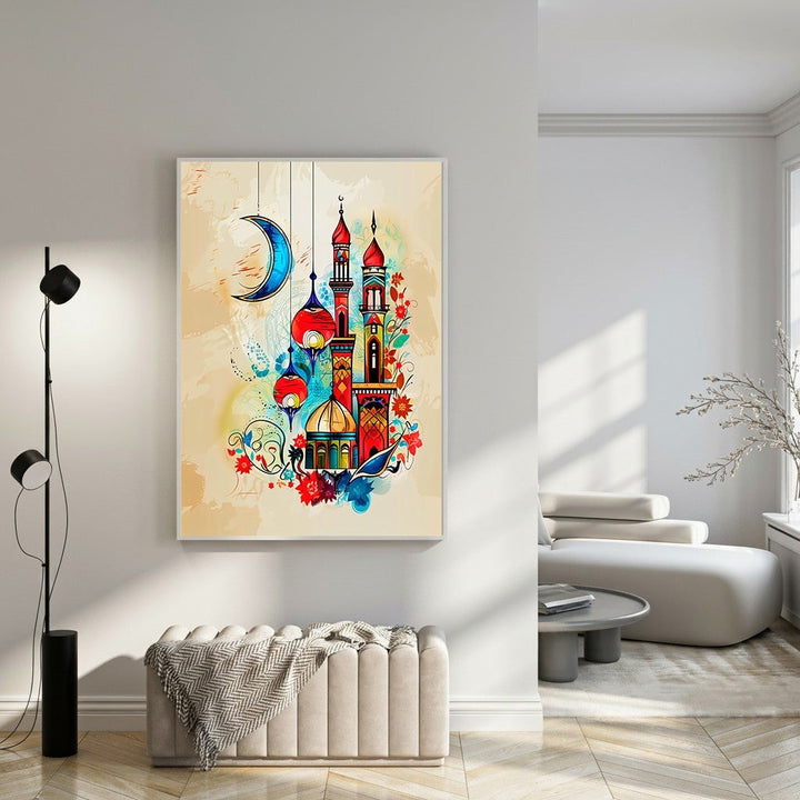 Wadi Home Islamic Mosque Crescent Moon Lanterns Wall Art with vibrant colors and intricate details, perfect for Ramadan or Eid decor.