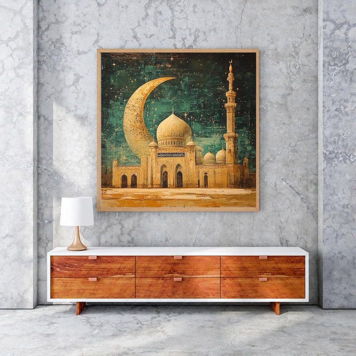 Wadi Home Islamic Mosque with Crescent Moon Wall Art, featuring a detailed mosque and large crescent moon against a starry night sky.