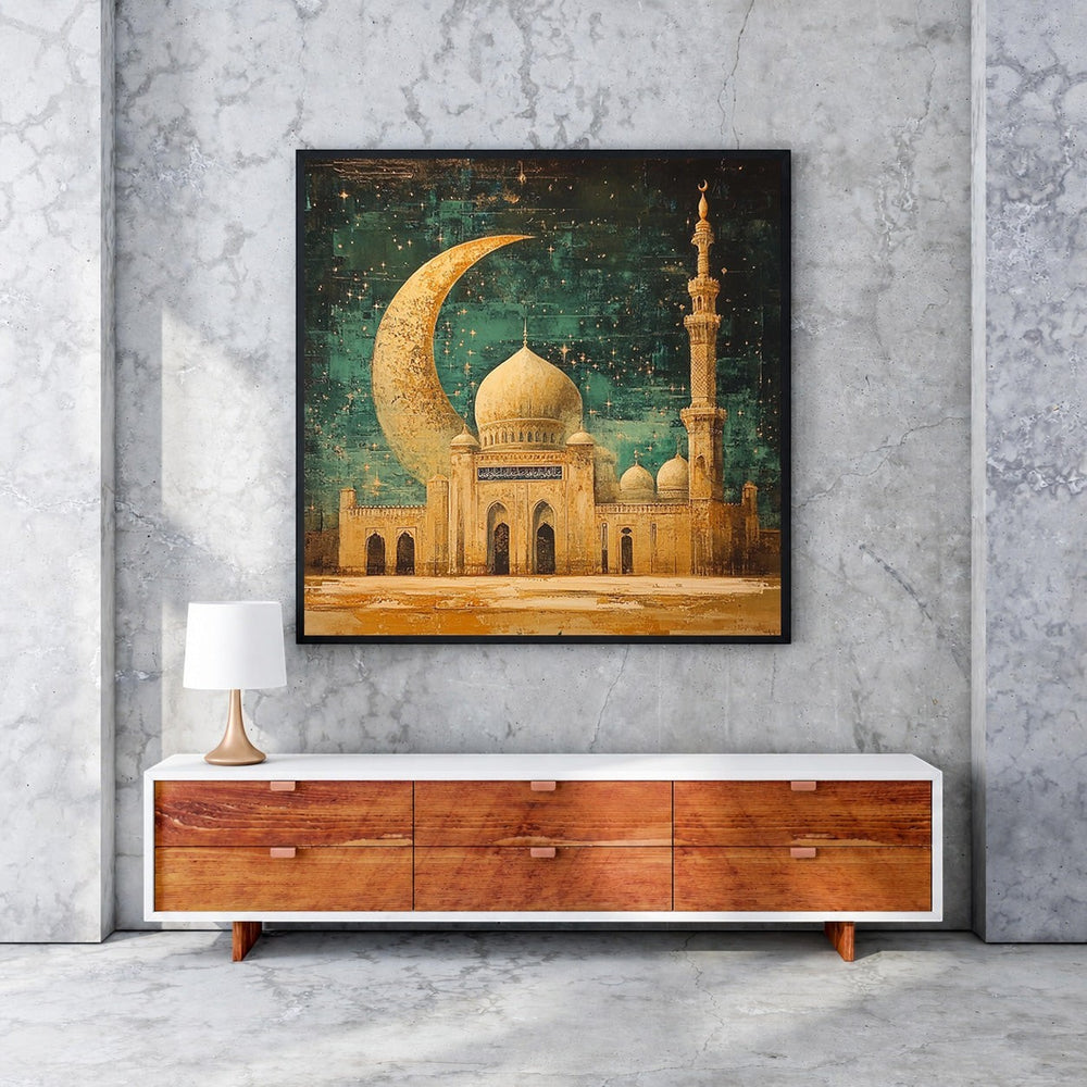 Wadi Home Islamic Mosque with Crescent Moon Wall Art, featuring a detailed mosque and golden crescent moon against a starry night sky.