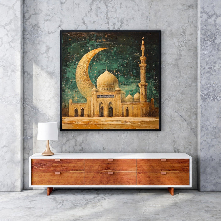Wadi Home Islamic Mosque with Crescent Moon Wall Art, featuring a detailed mosque and golden crescent moon against a starry night sky.