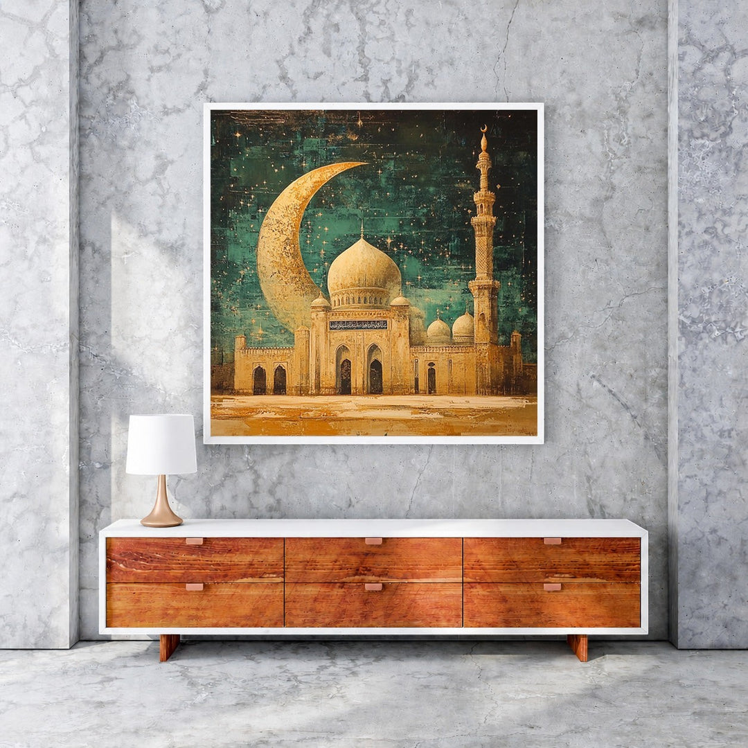 Wadi Home Islamic Mosque with Crescent Moon Wall Art, featuring a detailed mosque and large crescent moon against a starry night sky.