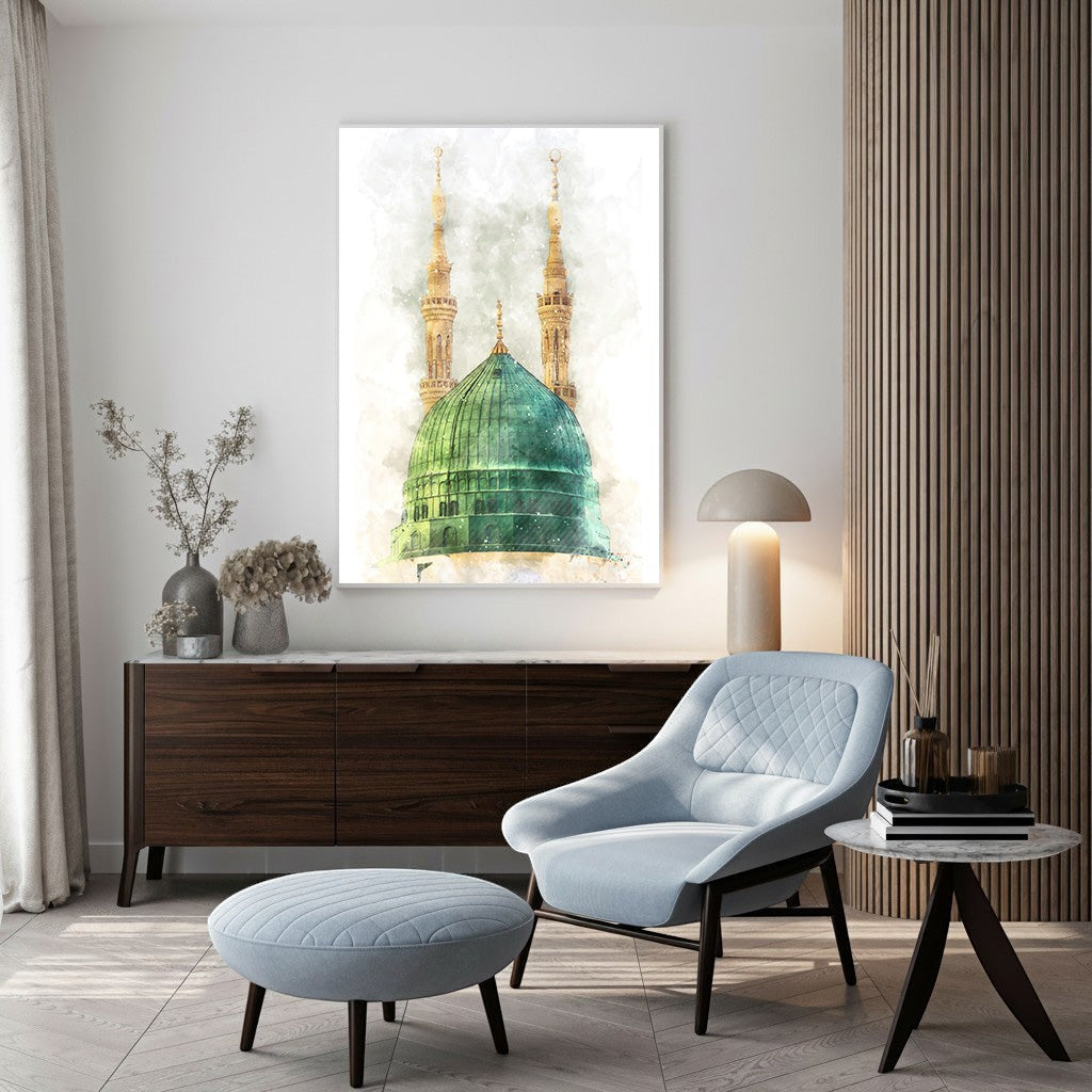 Wadi Home Islamic Mosque Dome Wall Art featuring a vibrant green dome and golden minarets in a watercolor style.