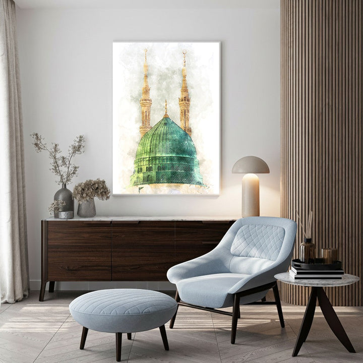 Wadi Home Islamic Mosque Dome Wall Art featuring a vibrant green dome and golden minarets in a watercolor style.