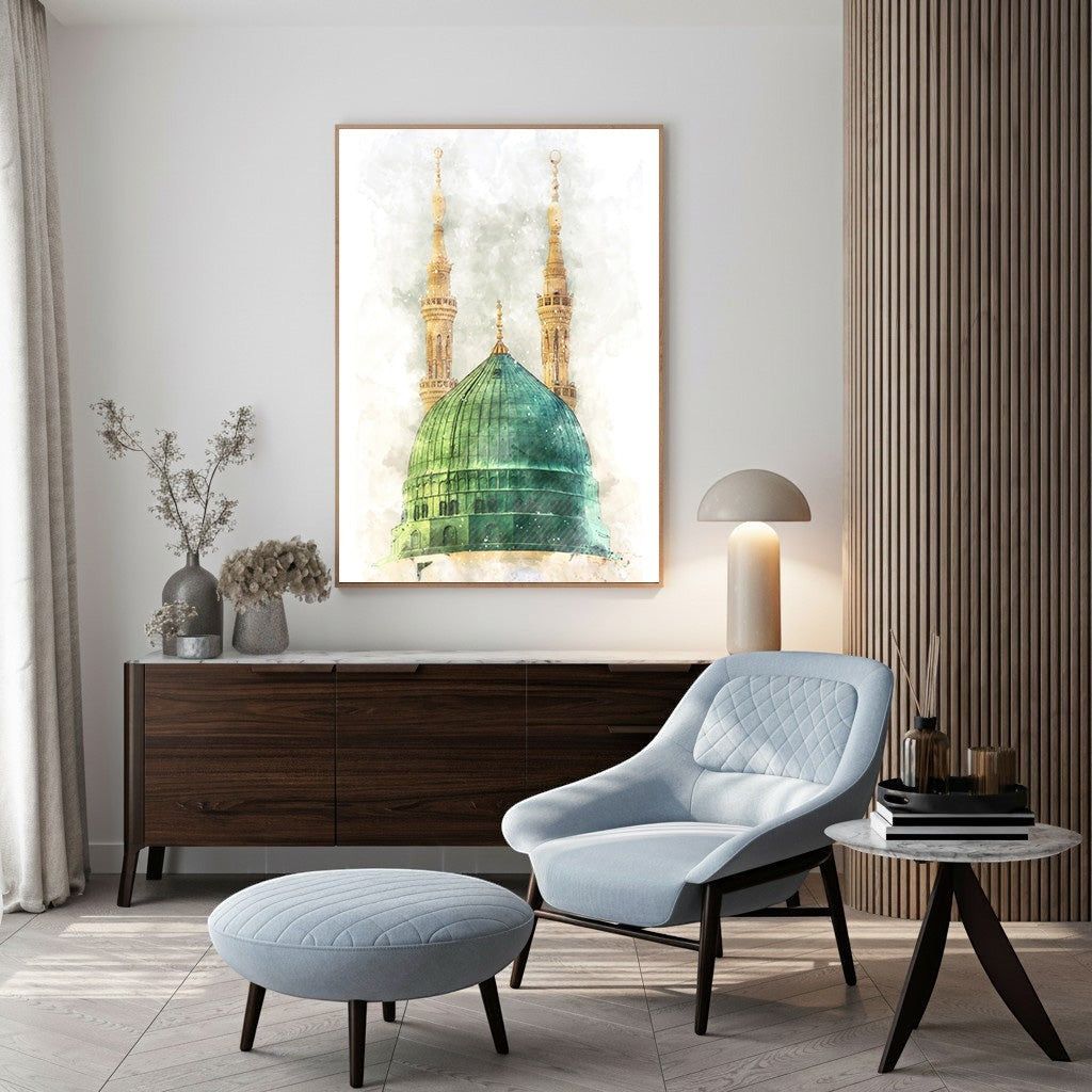 Wadi Home Islamic Mosque Dome Wall Art featuring a vibrant green dome and golden minarets in a watercolor style.