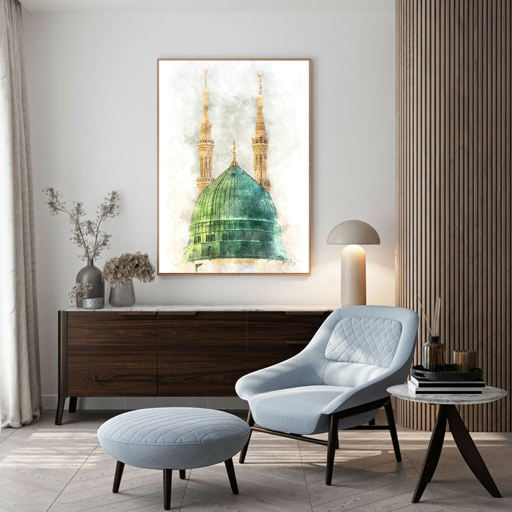 Wadi Home Islamic Mosque Dome Wall Art featuring a vibrant green dome and golden minarets in a watercolor style.