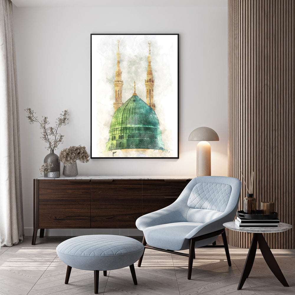 Wadi Home Islamic Mosque Dome Wall Art featuring a vibrant green dome and golden minarets in a watercolor style.