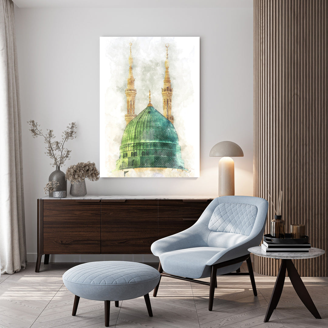 Wadi Home Islamic Mosque Dome Wall Art featuring a vibrant green dome and golden minarets in a watercolor style.