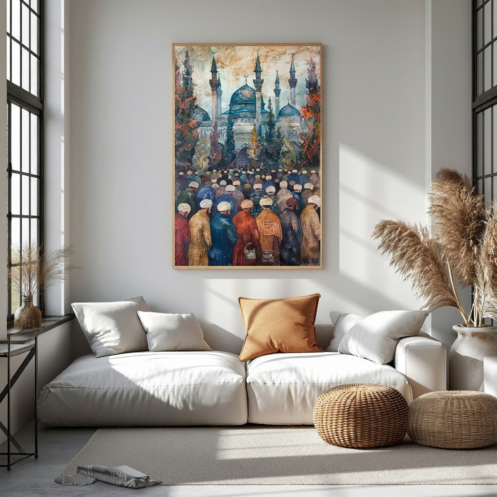 Wadi Home Islamic Mosque Gathering Wall Art, watercolor painting of a blue mosque with a crowd in traditional attire.
