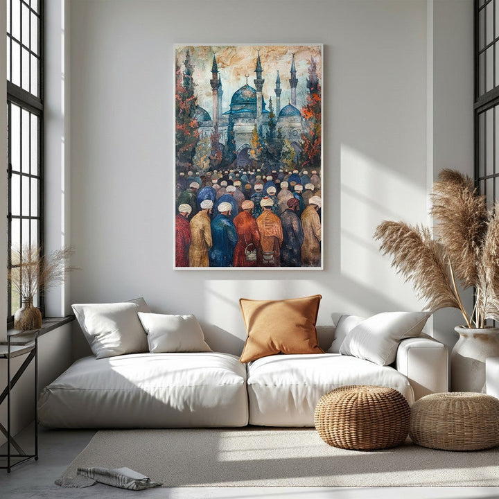 Wadi Home Islamic Mosque Gathering Wall Art, watercolor painting of a blue mosque with a crowd in traditional attire.