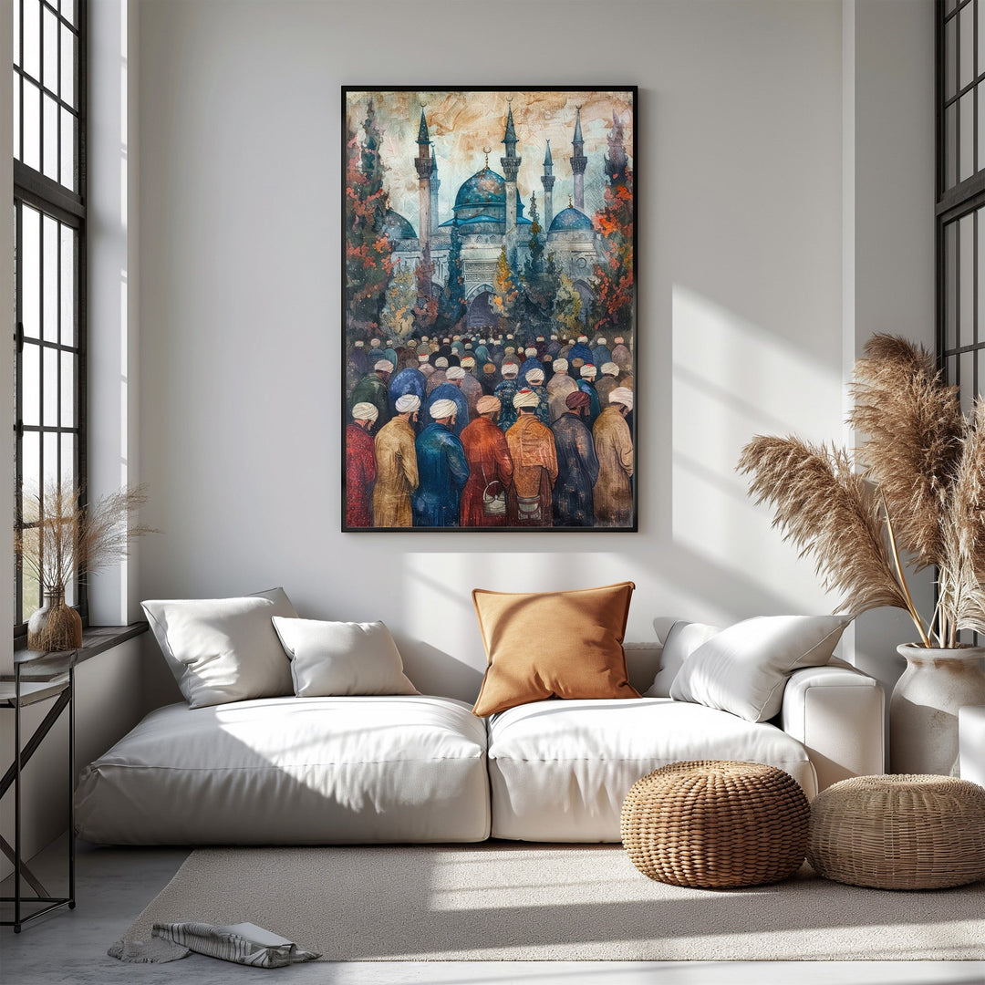 Wadi Home Islamic Mosque Gathering Wall Art, watercolor painting of a blue domed mosque with a crowd in traditional attire.