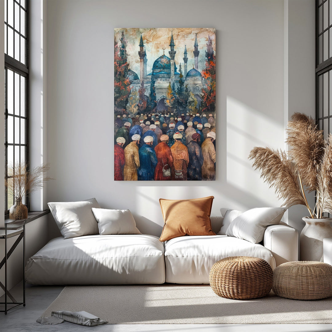 Wadi Home Islamic Mosque Gathering Wall Art, watercolor painting of a mosque with a crowd in traditional attire, warm colors, spiritual decor.