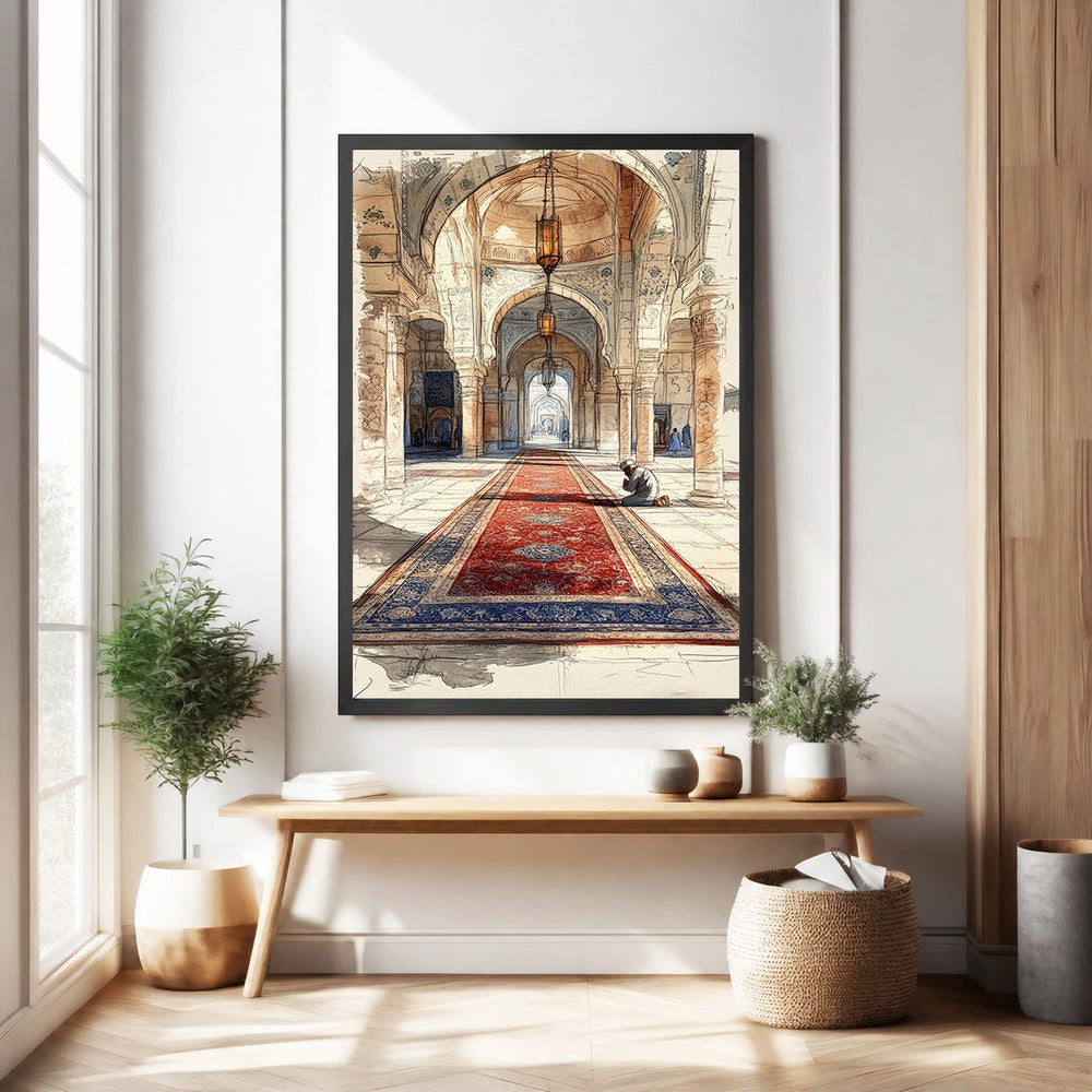 Wadi Home Islamic mosque hallway art print with watercolor arches, lanterns, and red carpet runner. A figure prays on the carpet.