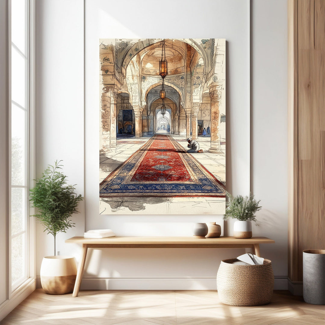 Wadi Home Islamic Mosque Hallway Art Print: Watercolor of mosque interior with arches, lanterns, and red carpet runner. A person prays in the distance.