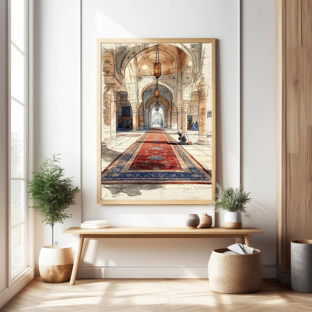 Wadi Home Islamic mosque hallway art print, watercolor style, featuring arches, lanterns, and a red carpet runner with a person praying.