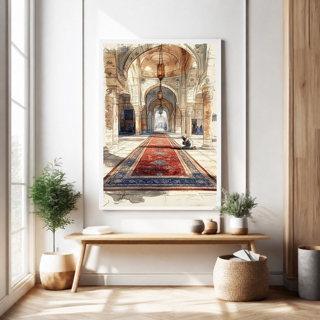 Wadi Home Islamic mosque hallway art print, watercolor style, featuring arches, lanterns, and a red carpet runner with a person praying.