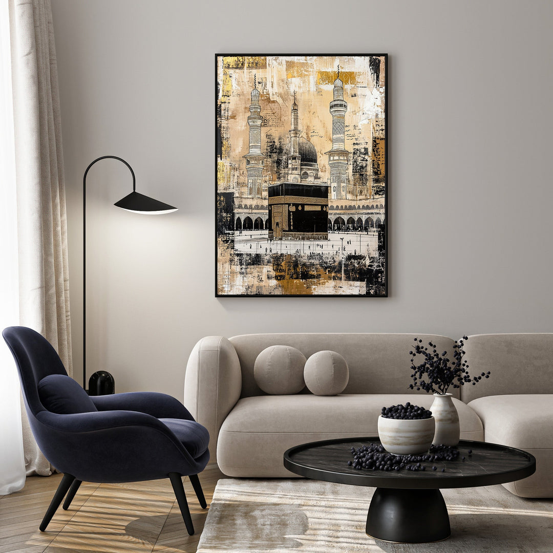 Wadi Home Islamic Mosque Wall Art featuring the Kaaba in Mecca, abstract gold, black, and white design.