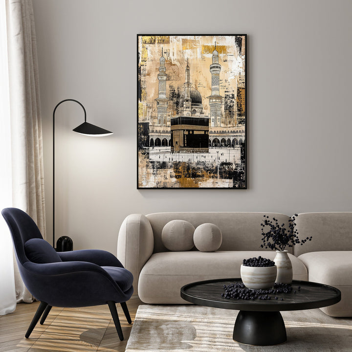 Wadi Home Islamic Mosque Wall Art featuring the Kaaba in Mecca, abstract gold, black, and white design.