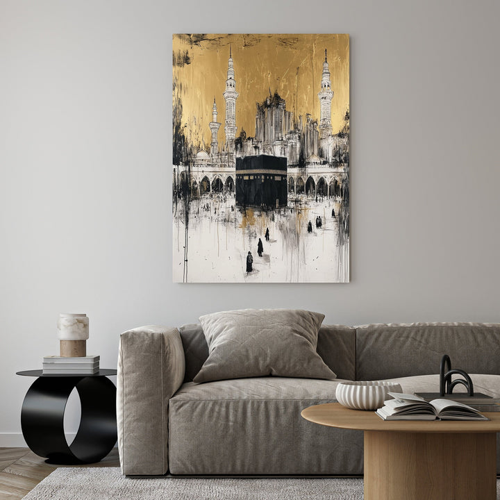 Wadi Home Islamic Mosque Wall Art featuring the Kaaba and minarets in black and white ink on a gold background.