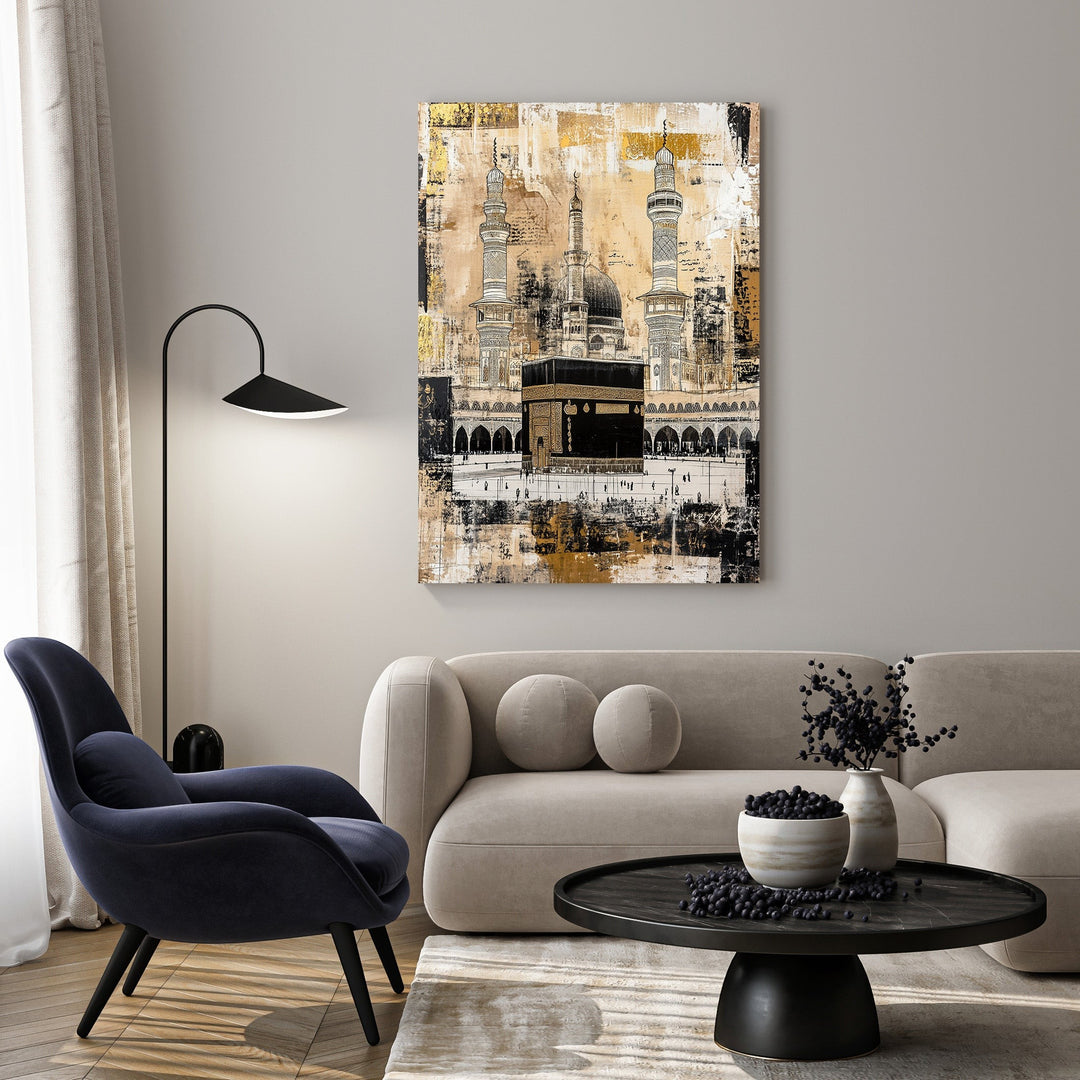 Wadi Home Islamic Mosque Wall Art depicting the Kaaba in Mecca, with gold, black, and white abstract details.
