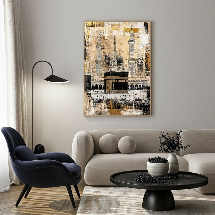 Wadi Home Islamic Mosque Wall Art featuring the Kaaba in Mecca, abstract gold, black, and white design.