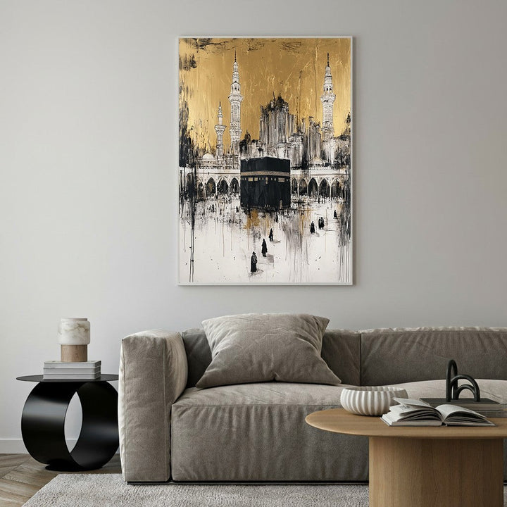 Wadi Home Islamic Mosque Wall Art with Kaaba and abstract ink details on gold background.