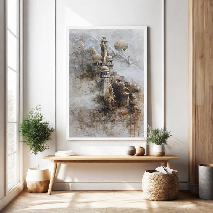 Wadi Home Islamic Mosque Landscape Wall Art, a majestic mosque on a rocky cliff with misty mountains, in muted earthy tones.