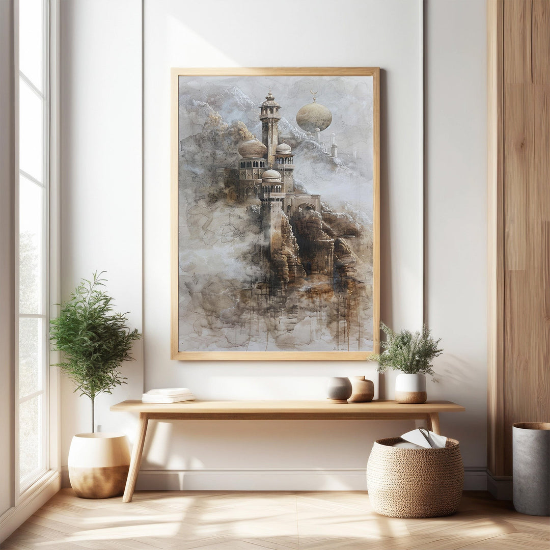 Wadi Home Islamic Mosque Landscape Wall Art, a majestic mosque on a rocky cliff amidst mist, with muted earthy tones and intricate details.