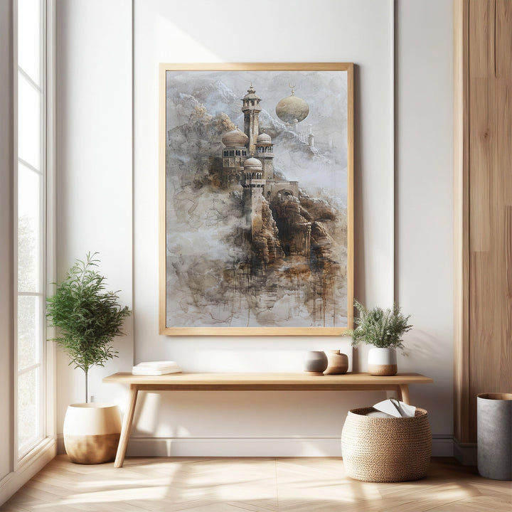 Wadi Home Islamic Mosque Landscape Wall Art, a majestic mosque on a rocky cliff amidst mist, with muted earthy tones and intricate details.