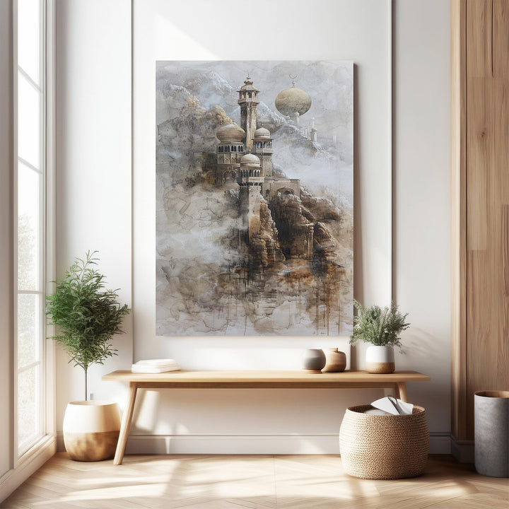 Wadi Home Islamic mosque landscape wall art with muted earthy tones, depicting a majestic mosque on a rocky cliff amidst misty mountains.